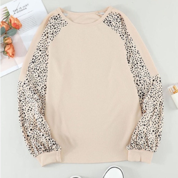 *Last One* Plus Size Cream Ribbed Top w/ Leopard Print Balloon Sleeves, 2X - Picture 8 of 14